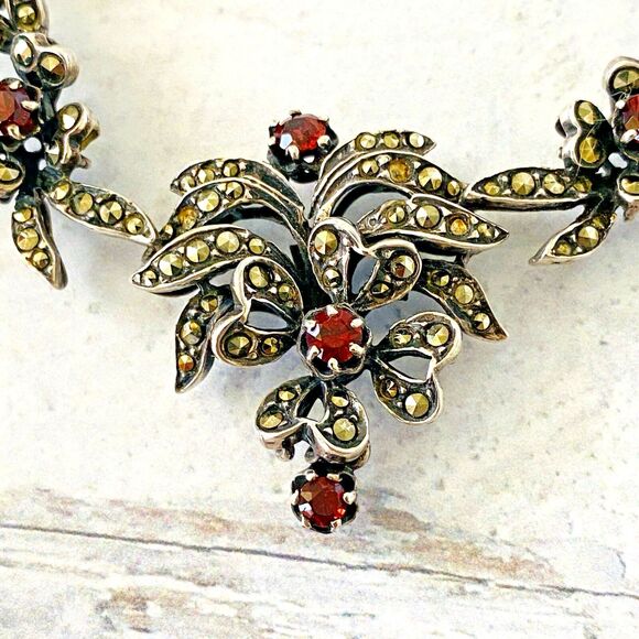 Gorgeous Sterling Silver Marcasite Garnet Necklace 20 In Long January Birthstone - Picture 2 of 16